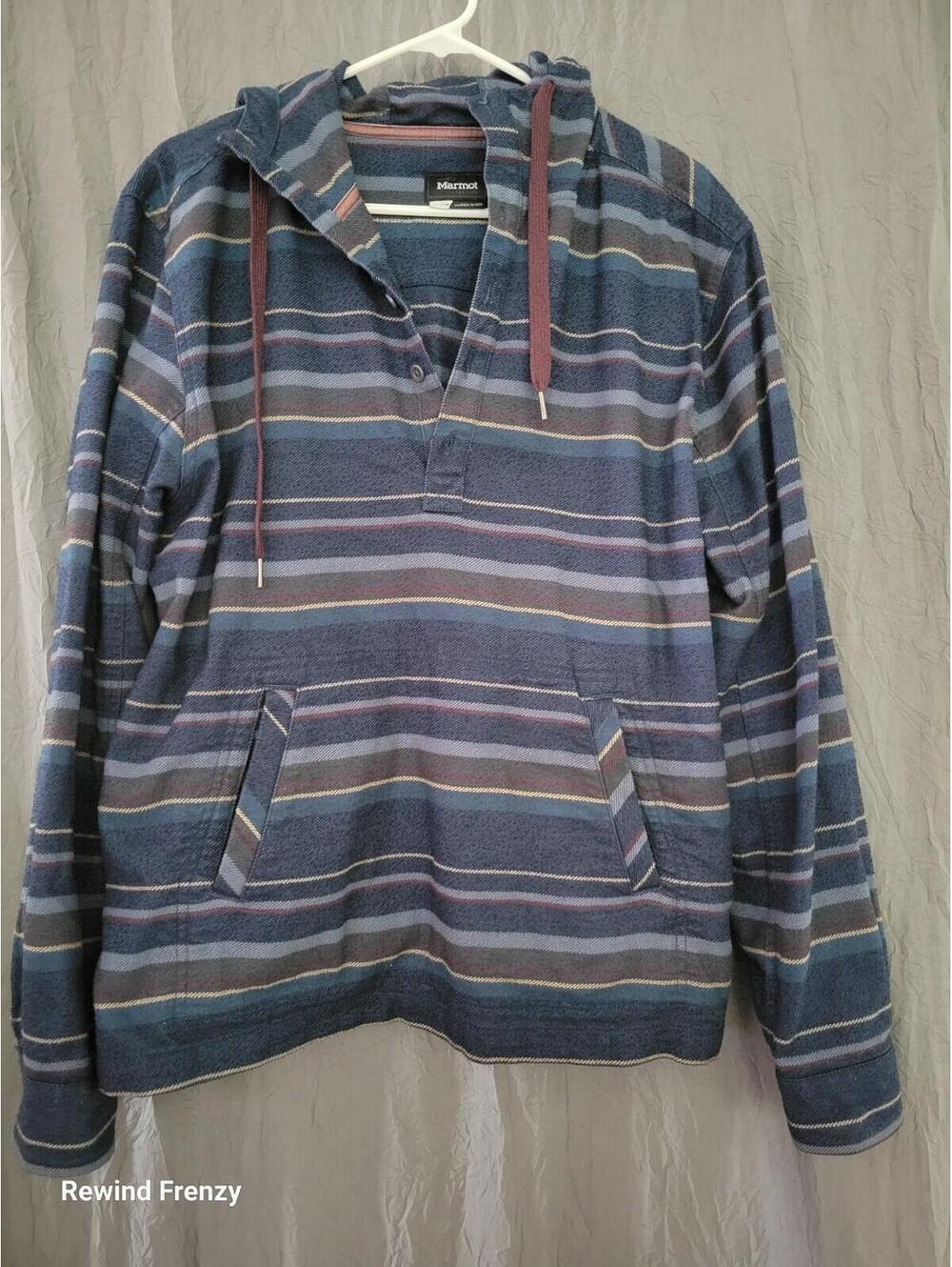 Marmot Sweatshirt Men's XL Striped Heavyweight Flannel Button Pocket Hoodie